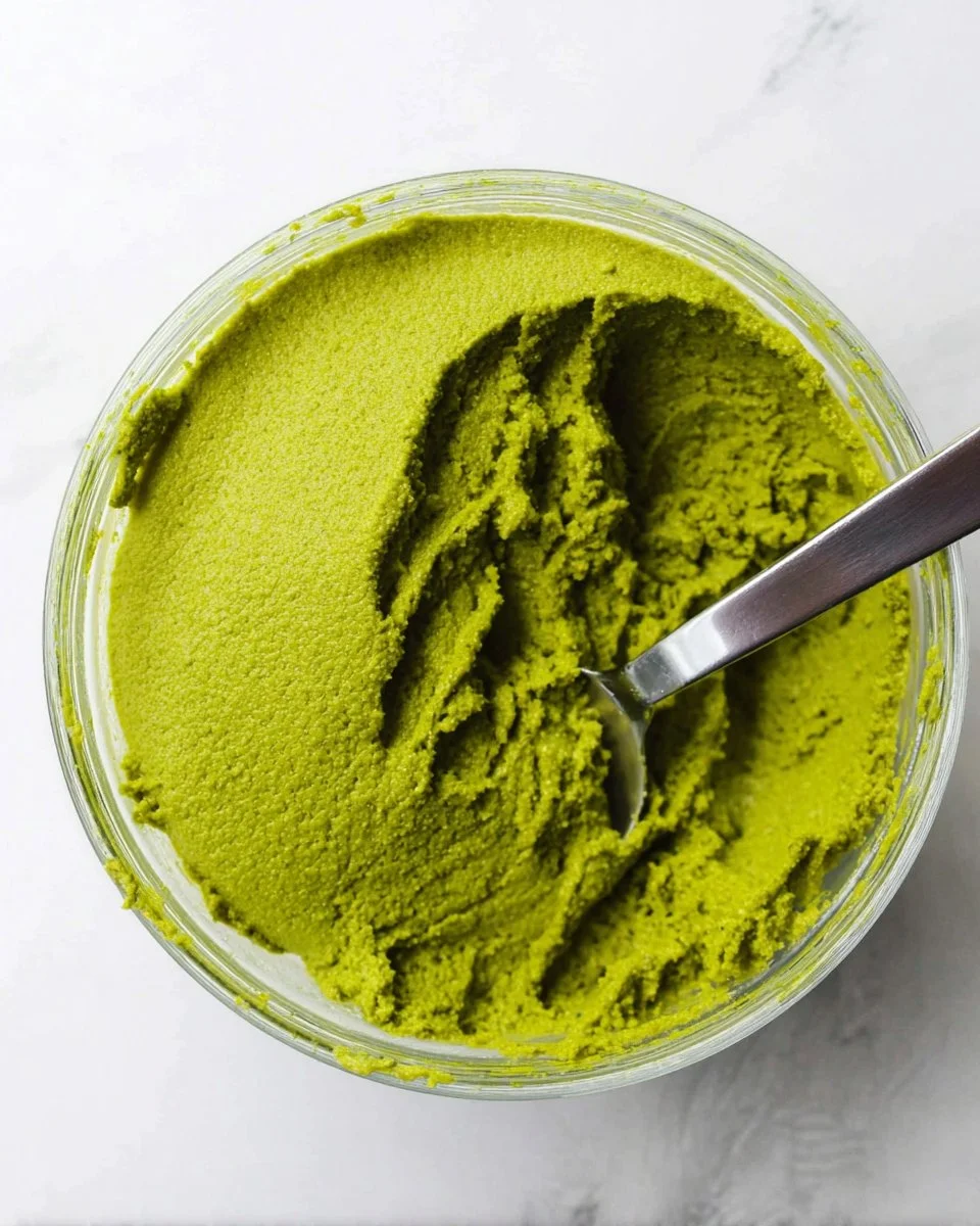 A bowl of homemade pistachio paste with fresh pistachios on the side.