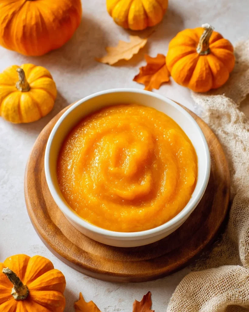 Homemade pumpkin puree in a bowl, ready for cooking and baking.