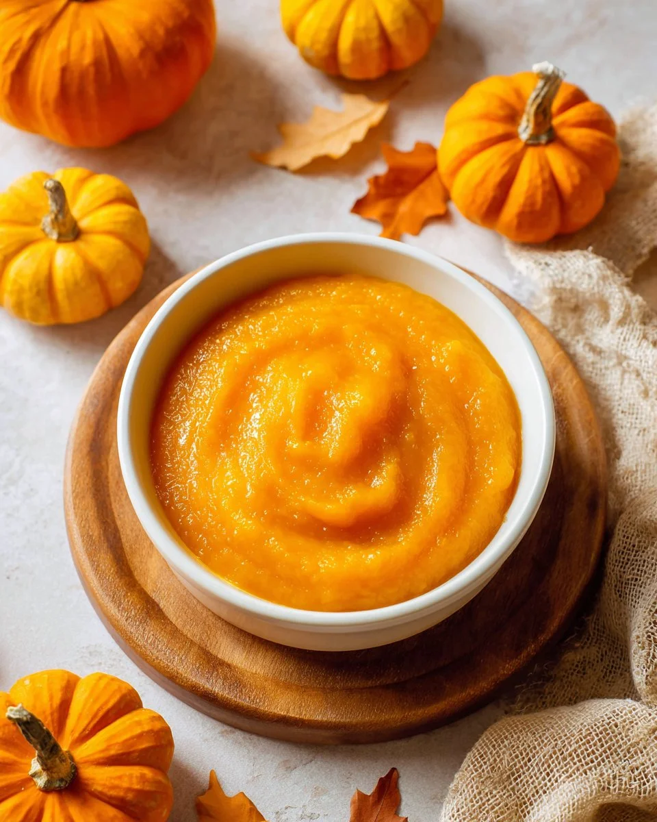 Homemade pumpkin puree in a bowl, ready for cooking and baking.