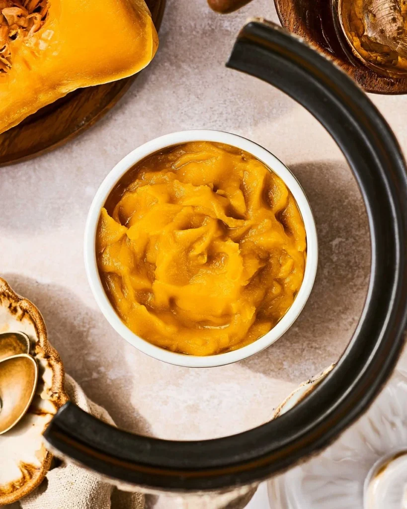 Homemade pumpkin puree in a bowl for cooking and baking