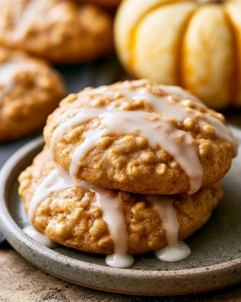 Iced pumpkin oatmeal cookies with a delightful glaze on top