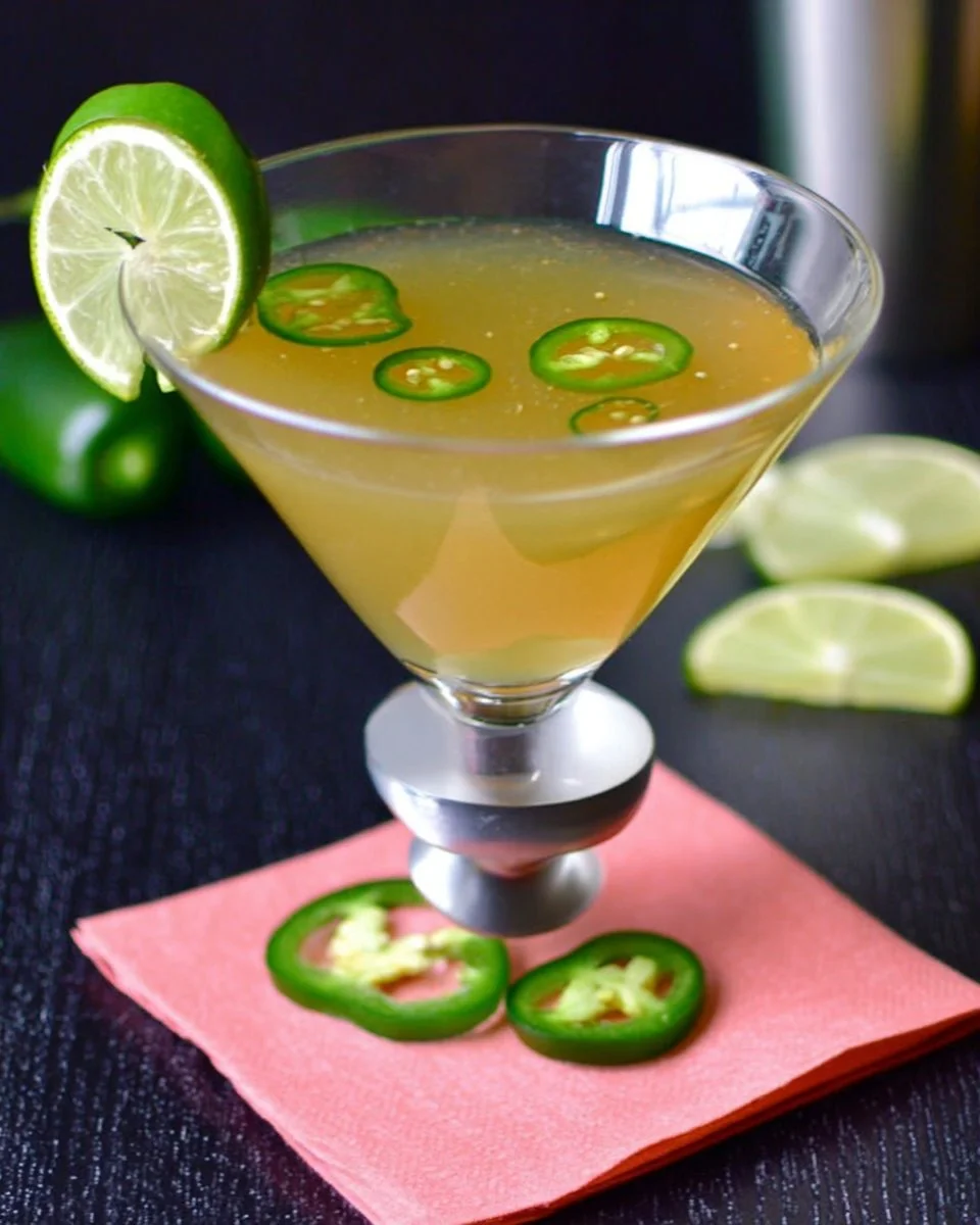Jalapeno martini garnished with fresh jalapenos and herbs