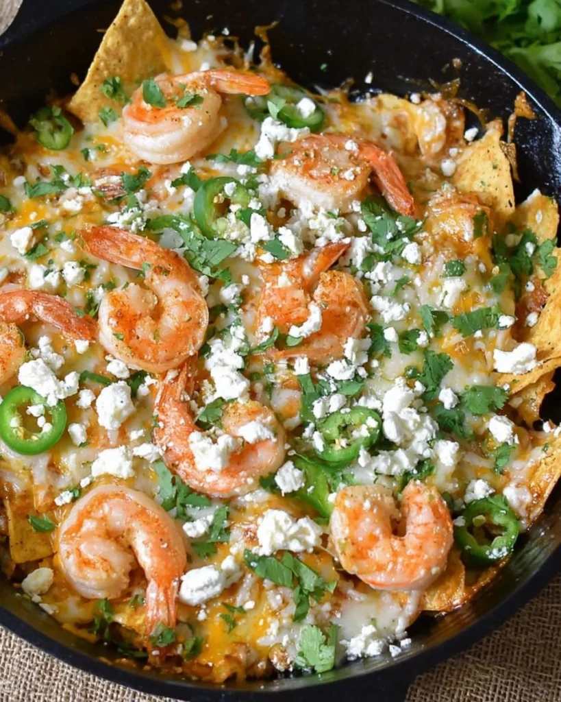 Delicious jalapeño shrimp nachos topped with shrimp, cheese, and jalapeños