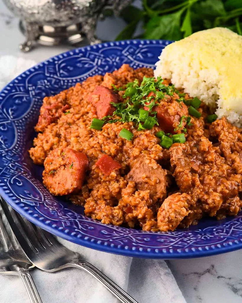 Delicious homemade Jambalaya served in a bowl with shrimp, sausage, and rice.