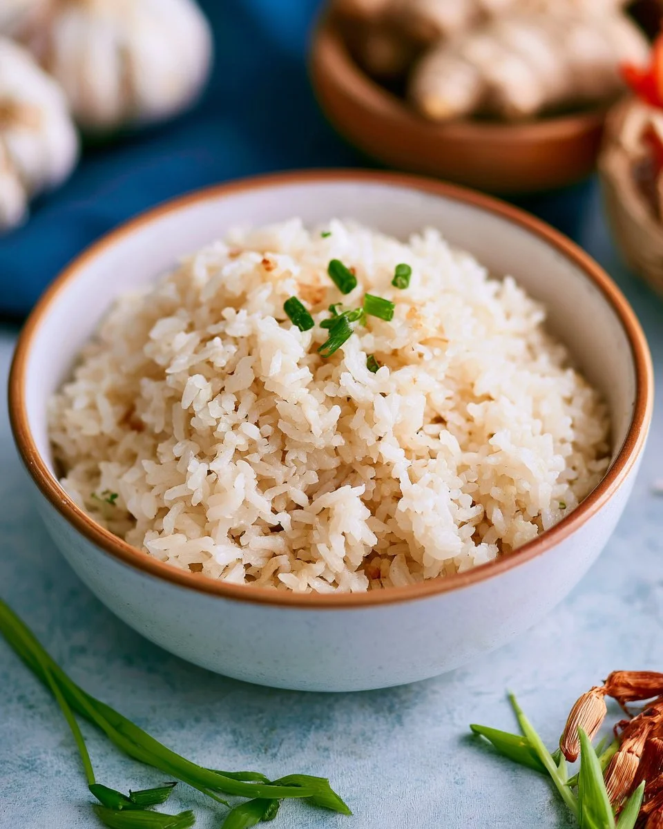 Bowl of Jasmine Ginger Rice served with herbs and vegetables