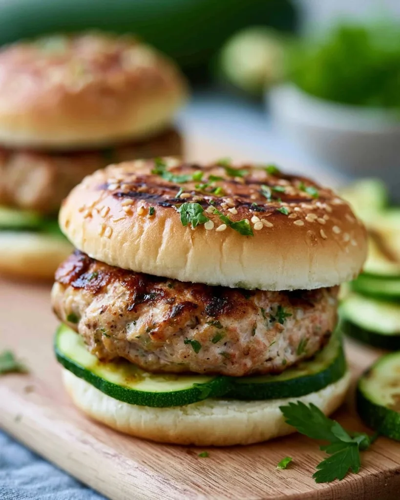 Juicy turkey burgers with zucchini on a plate ready to serve