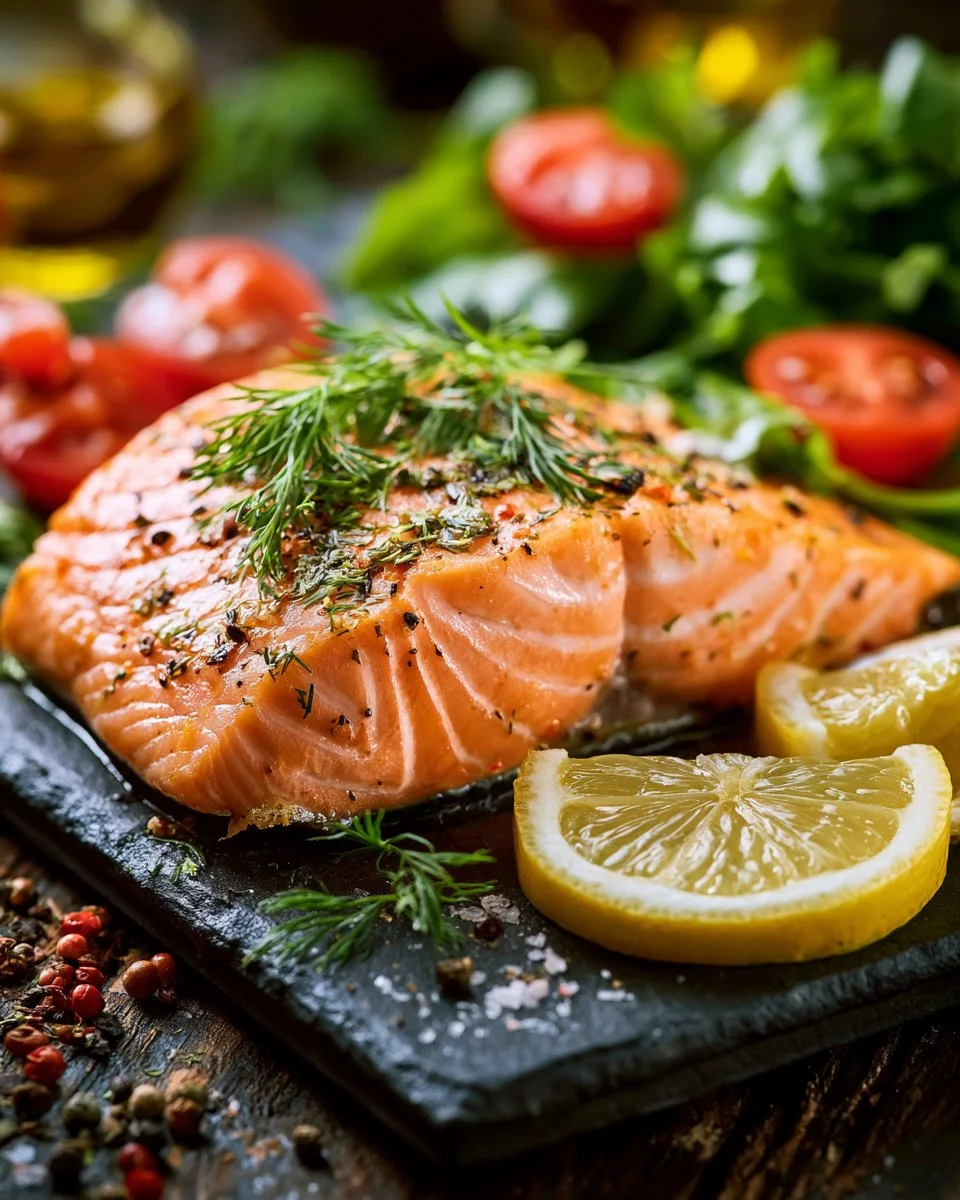 Lemon and dill skillet salmon served with a fresh herb salad
