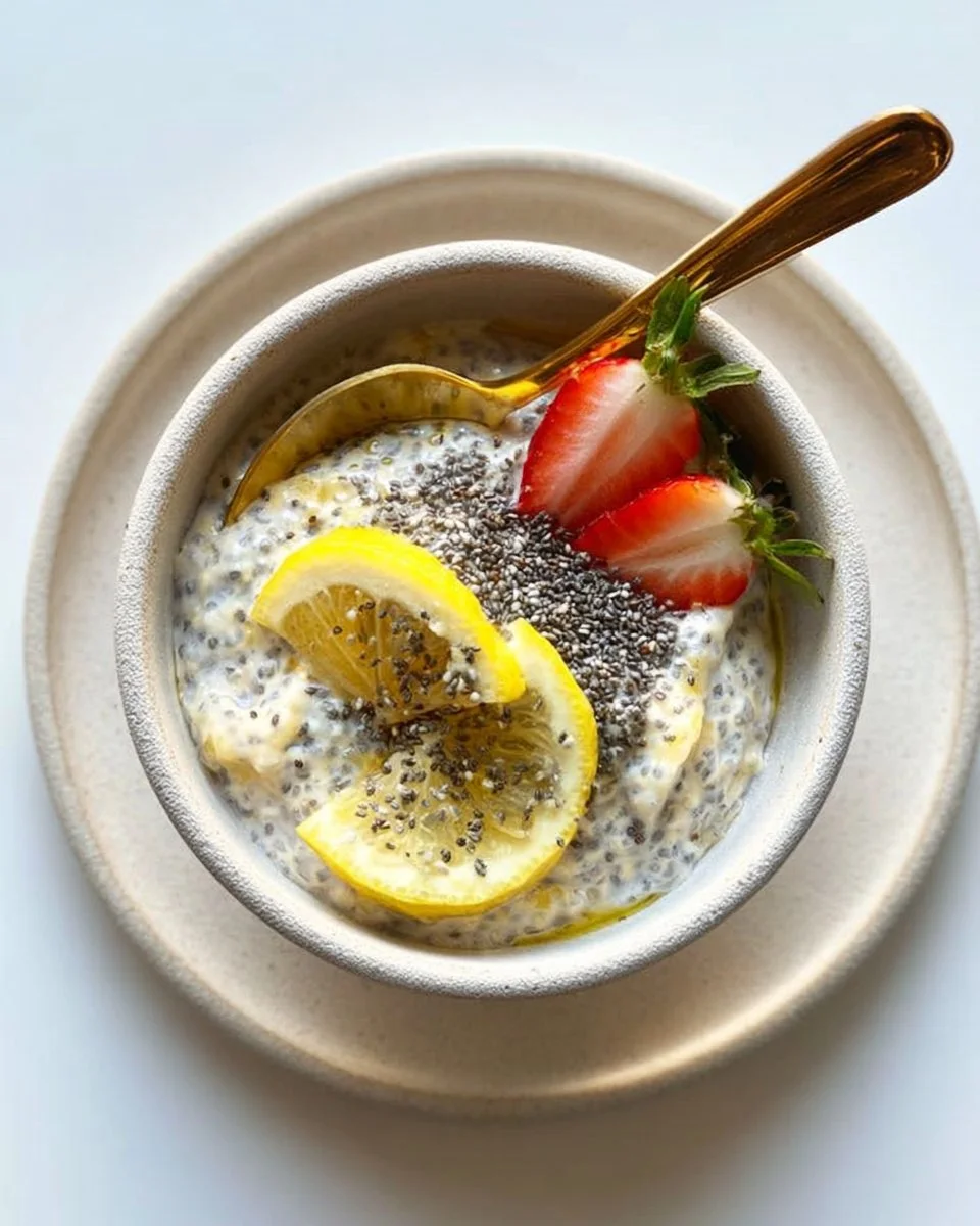 Bowl of Lemon Chia Oats topped with fresh fruit and nuts for a nutritious breakfast