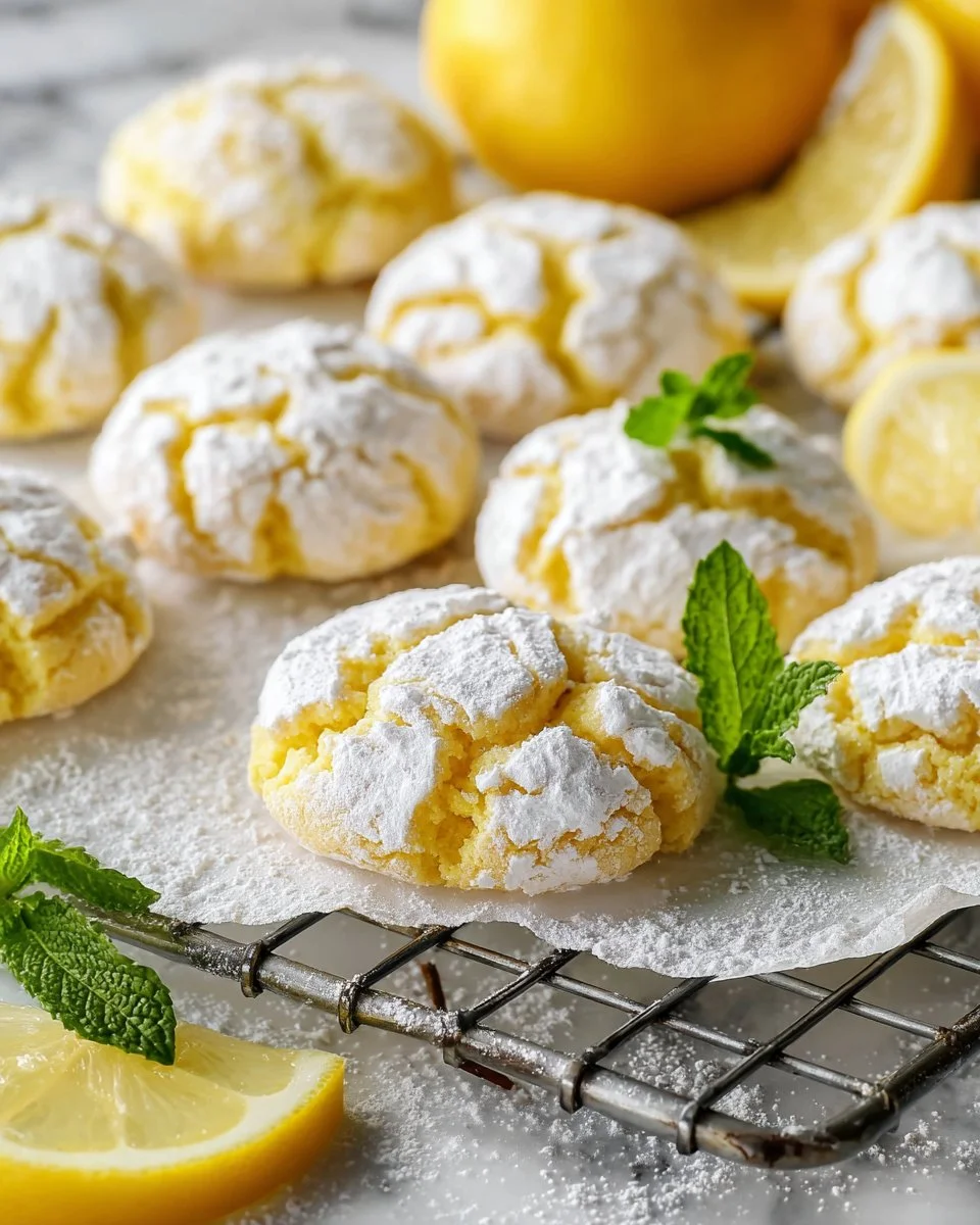 Freshly baked Lemon Crinkle Cookies with powdered sugar coating
