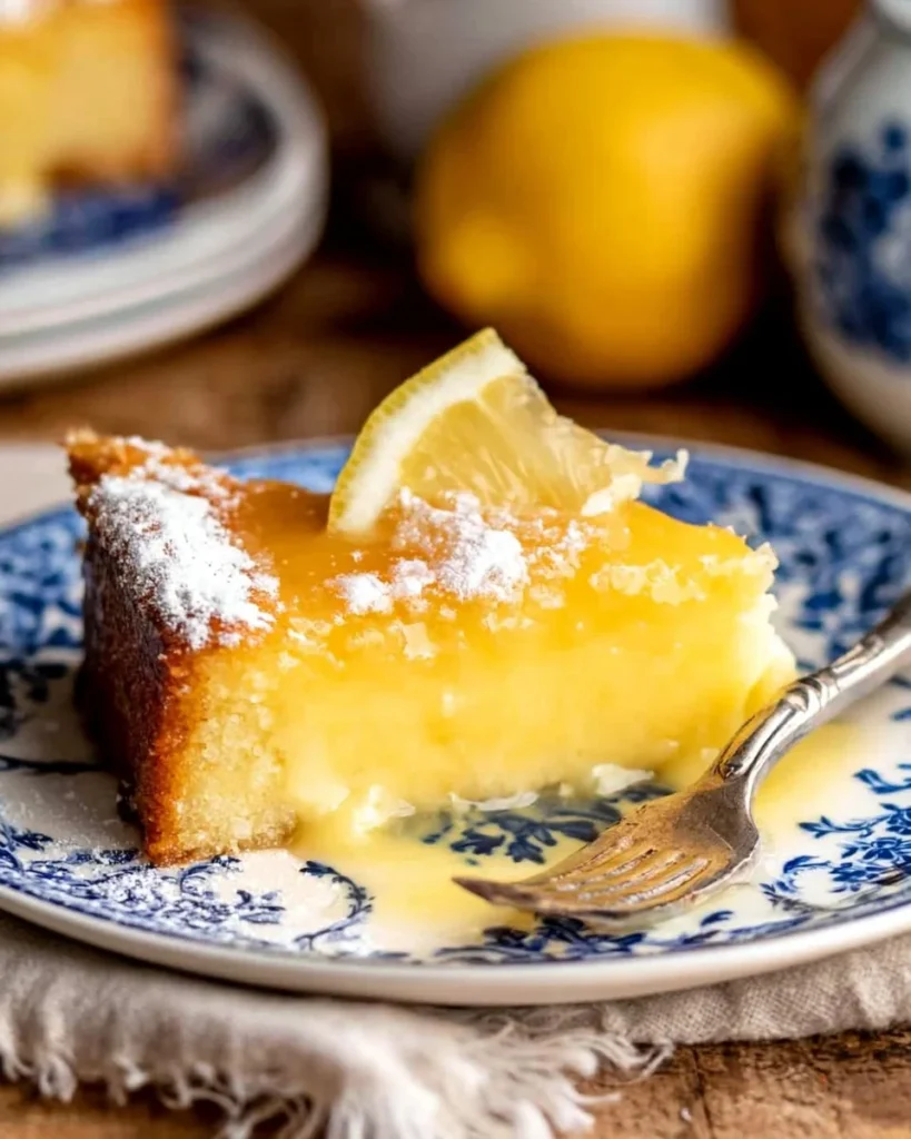 Lemon Gooey Butter Cake slice on a plate with a fork