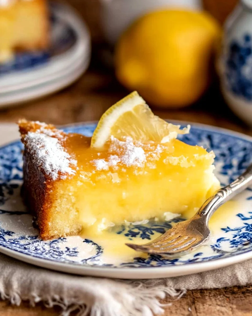 Lemon Gooey Butter Cake slice on a plate with a fork