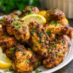 Plate of crispy Lemon Pepper Wings garnished with fresh lemon and herbs.