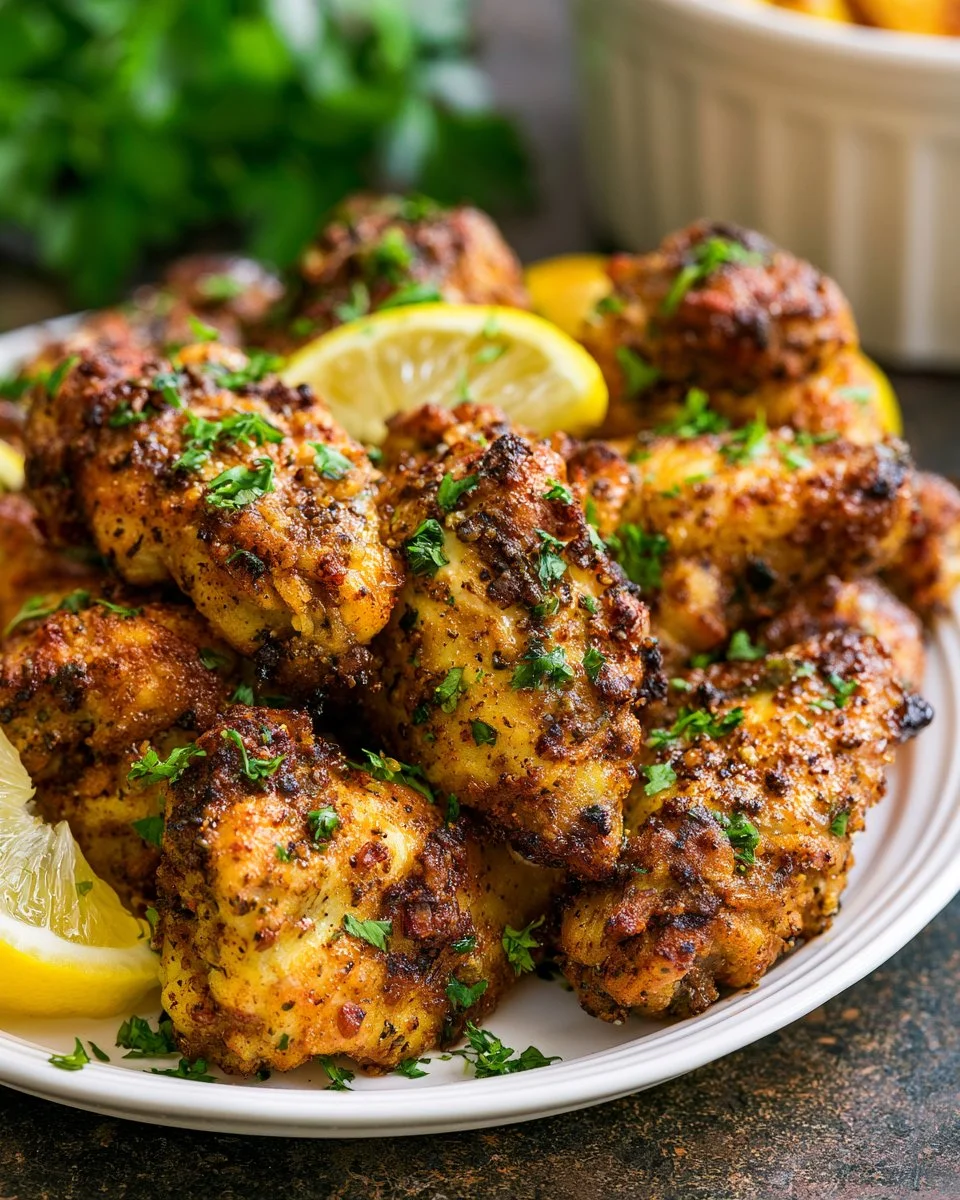 Plate of crispy Lemon Pepper Wings garnished with fresh lemon and herbs.