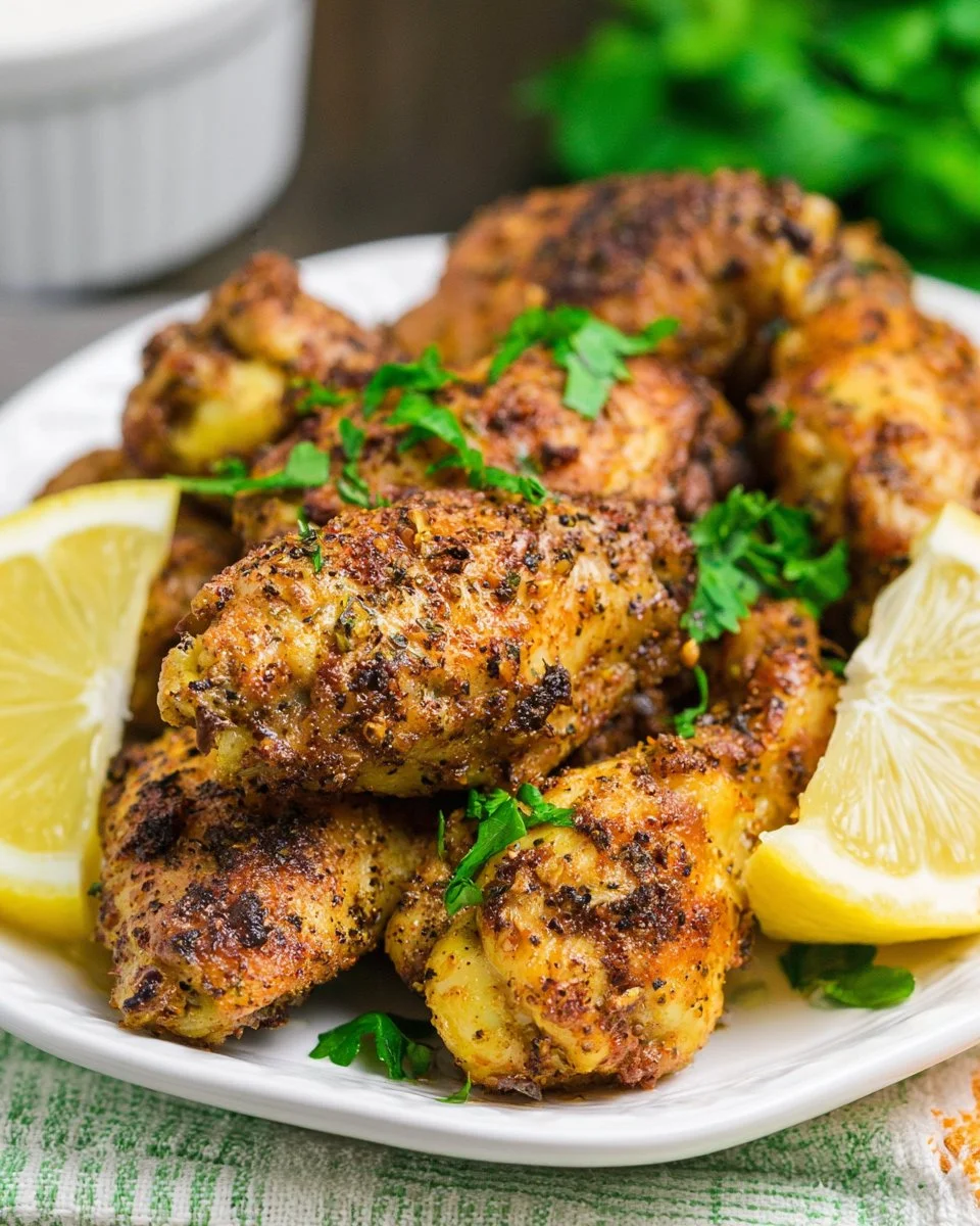 Delicious lemon pepper wings garnished with lemon slices and spices
