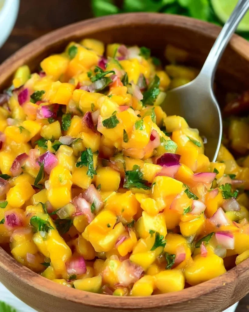 Fresh Mango Salsa recipe served in a bowl with colorful ingredients