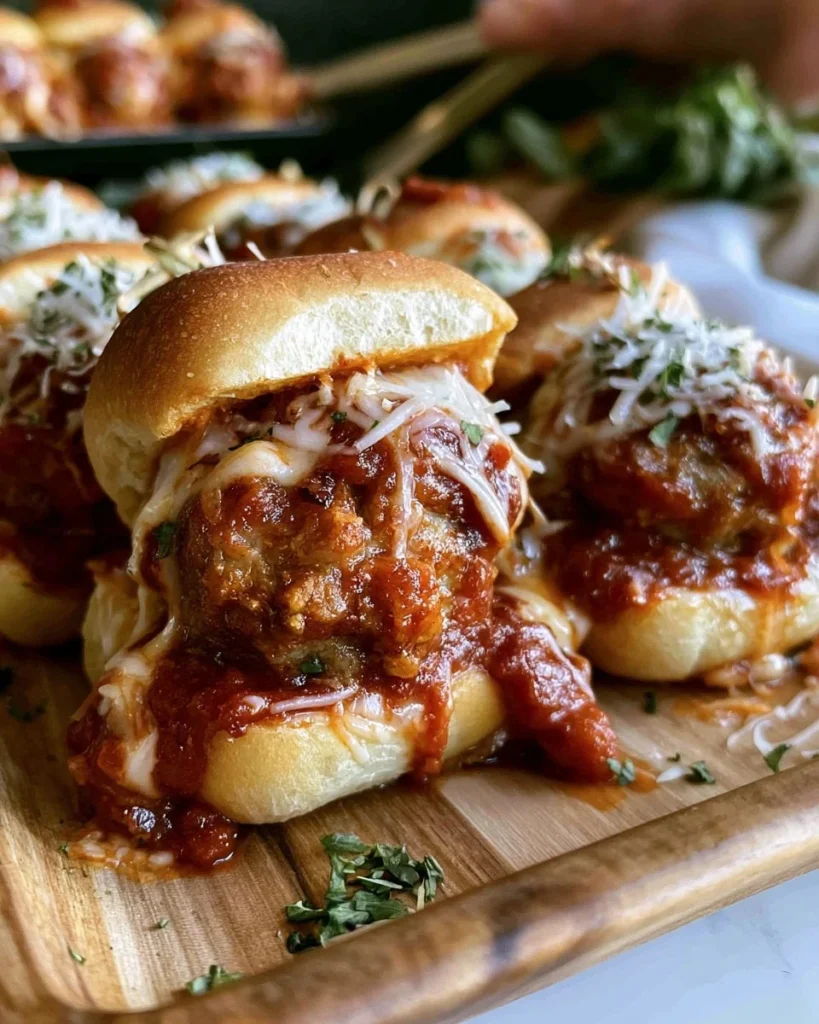 Plate of tasty meatball sliders topped with marinara sauce and melted cheese.