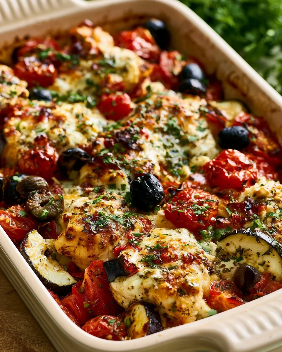 Mediterranean Chicken Bake with colorful vegetables and herbs