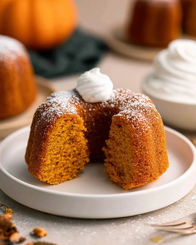 Mini Pumpkin Bundt Cakes topped with spiced glaze and garnished with pumpkin seeds.