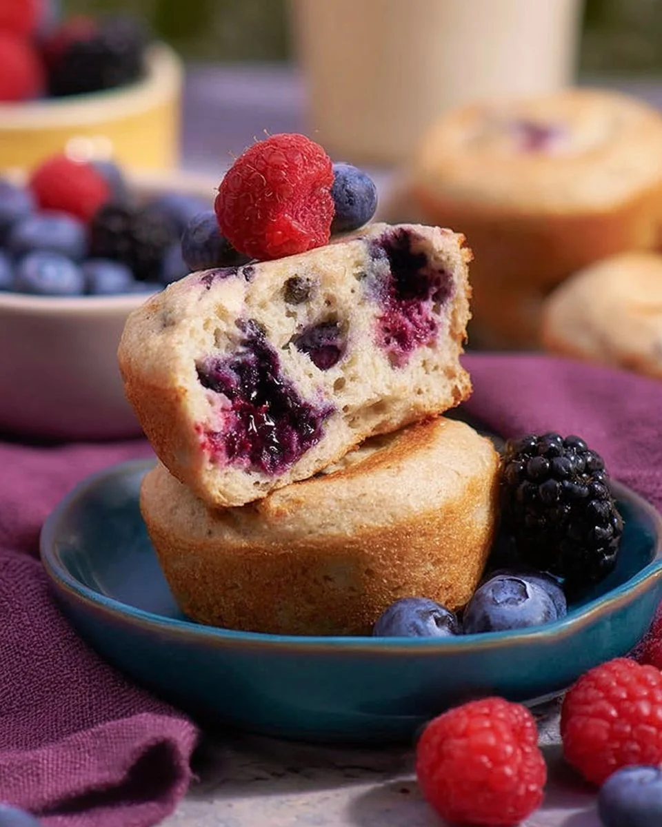 Mixed berry protein pancake muffins fresh out of the oven