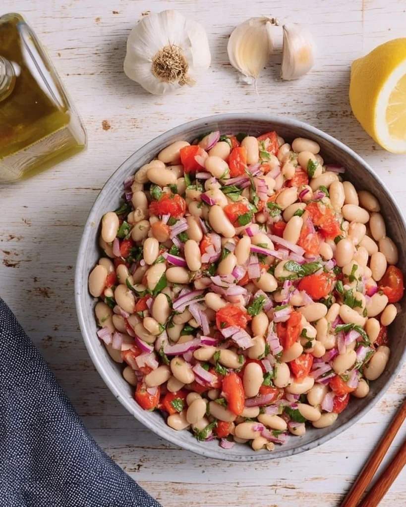 Delicious Navy Bean Salad with fresh vegetables and dressing