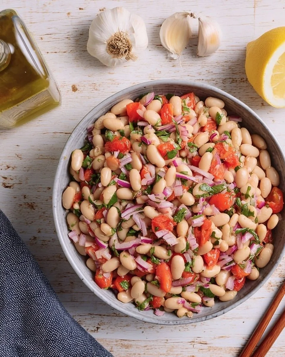 Delicious Navy Bean Salad with fresh vegetables and dressing