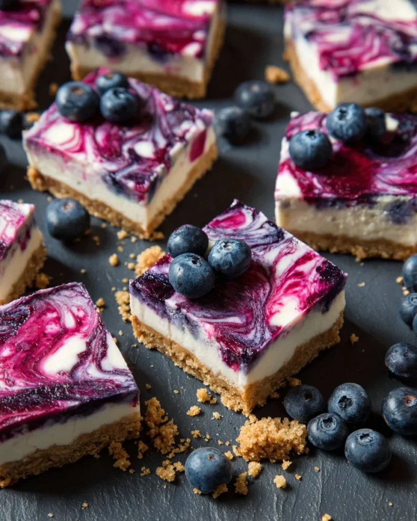 Delicious no bake blueberry cheesecake bars topped with fresh blueberries