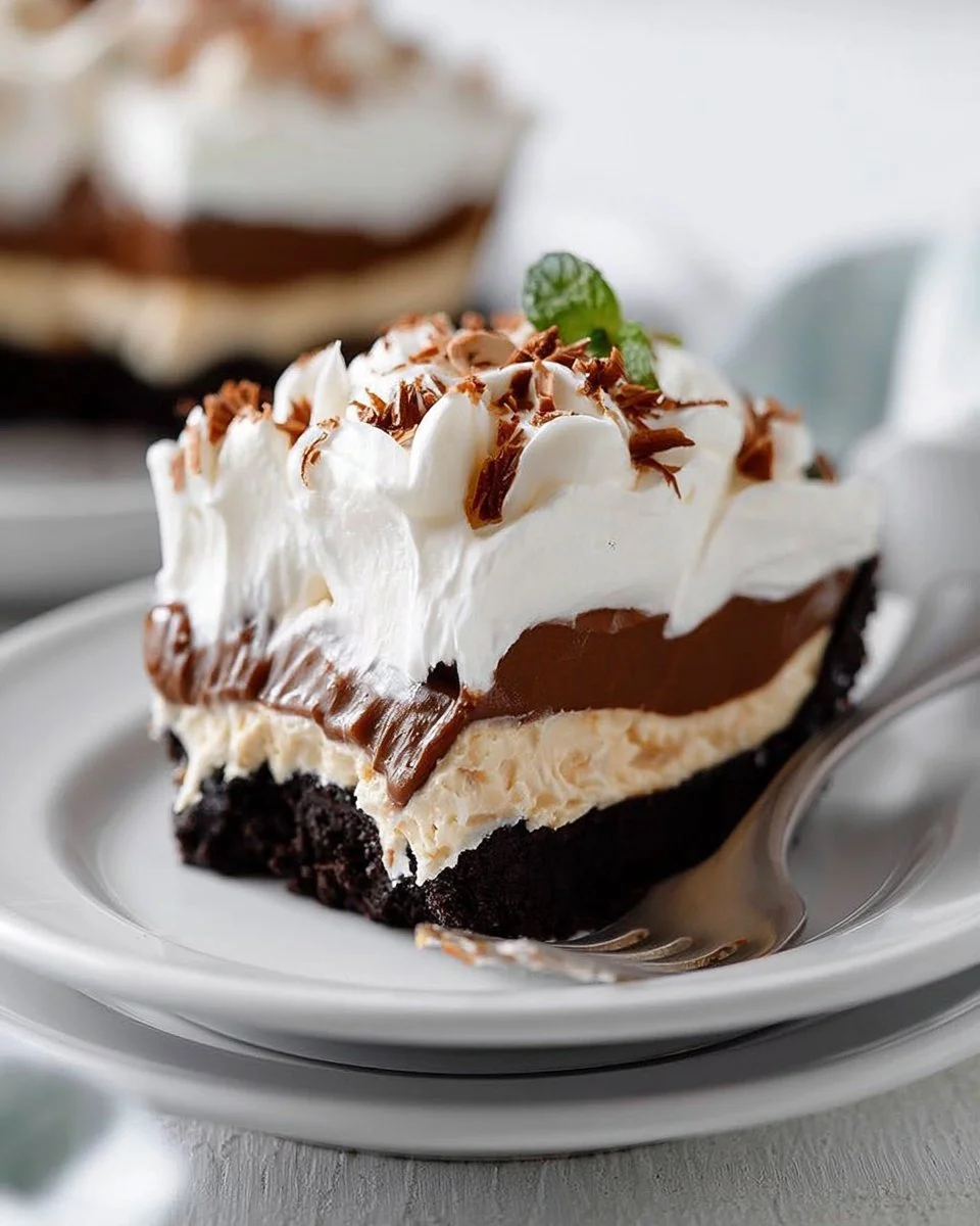 No bake peanut butter pie topped with chocolate and peanuts