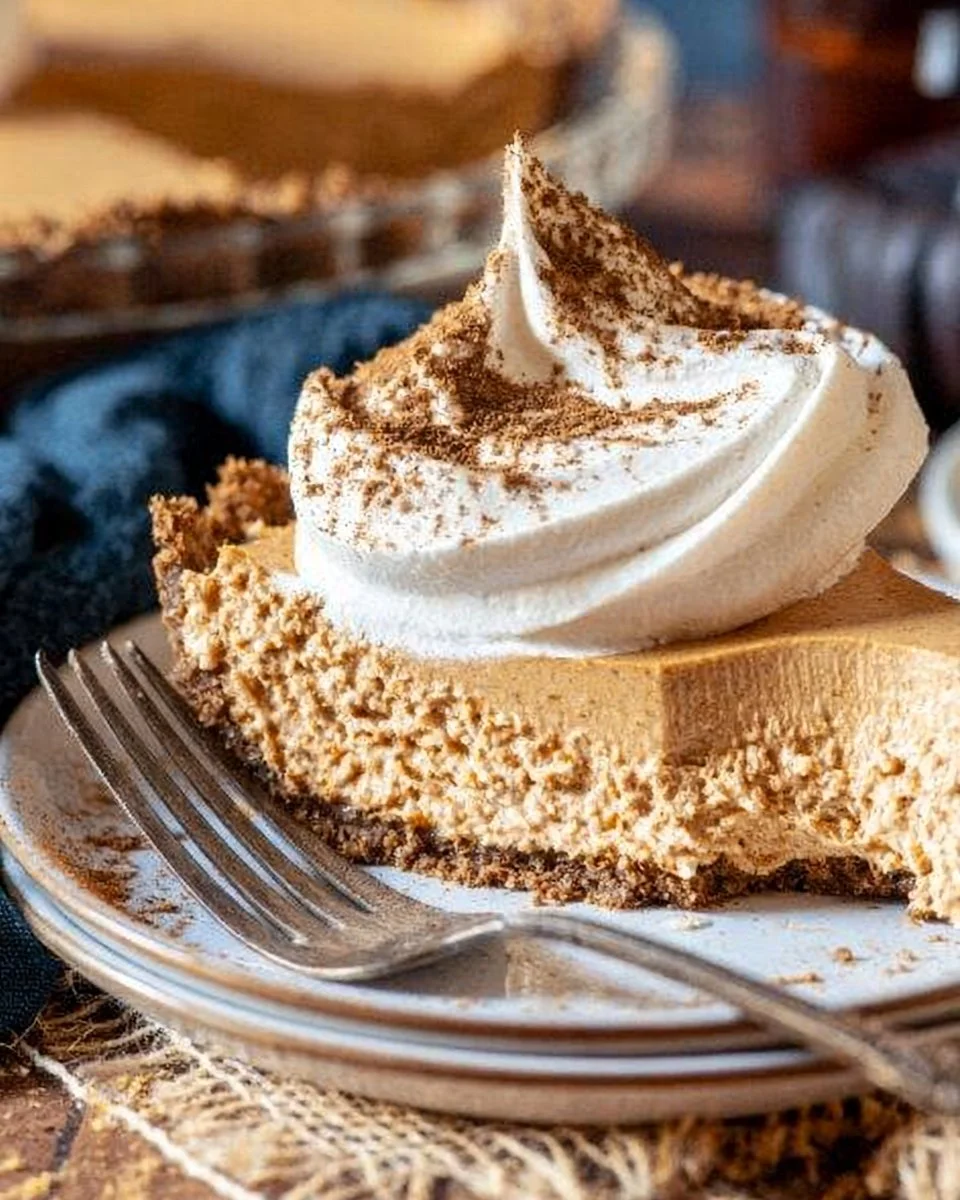 Delicious no bake pumpkin pie served on a decorative plate