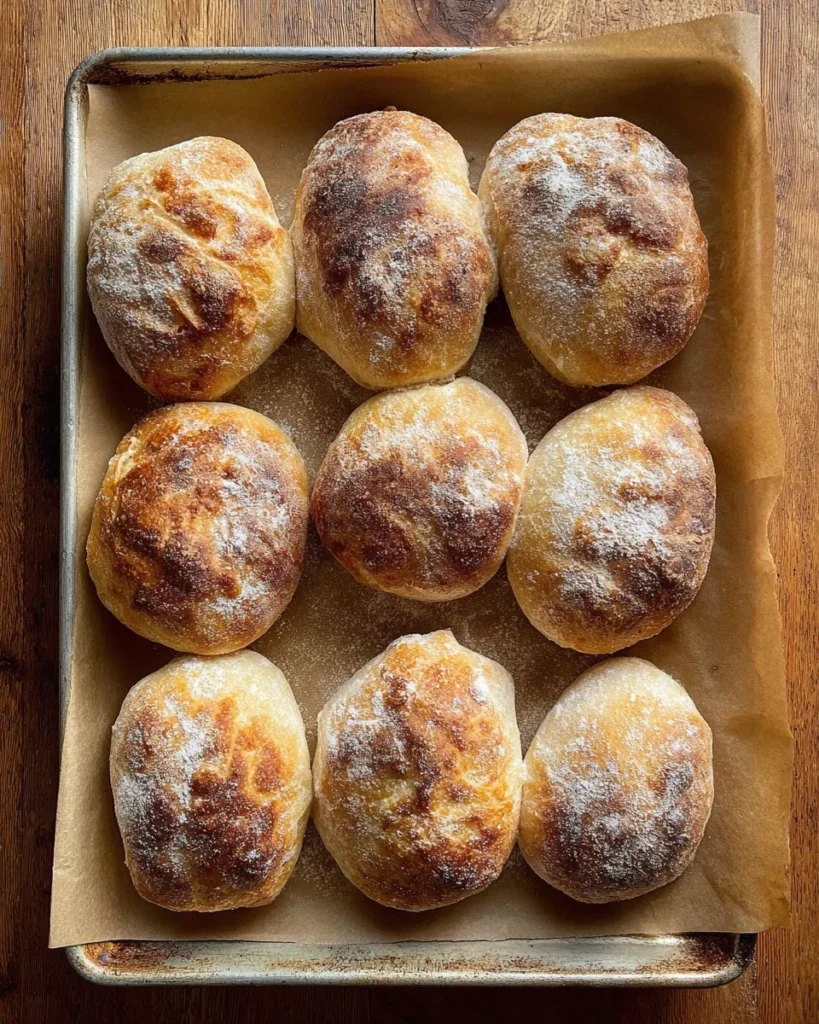 Freshly baked no-knead overnight sandwich rolls on a wooden board.
