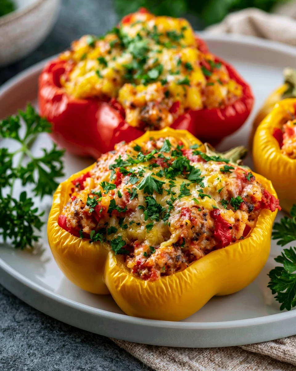 Colorful no-rice stuffed bell peppers filled with flavorful ingredients