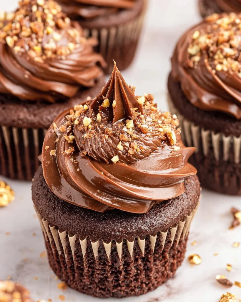 Delicious Nutella cupcakes topped with creamy frosting and chocolate shavings
