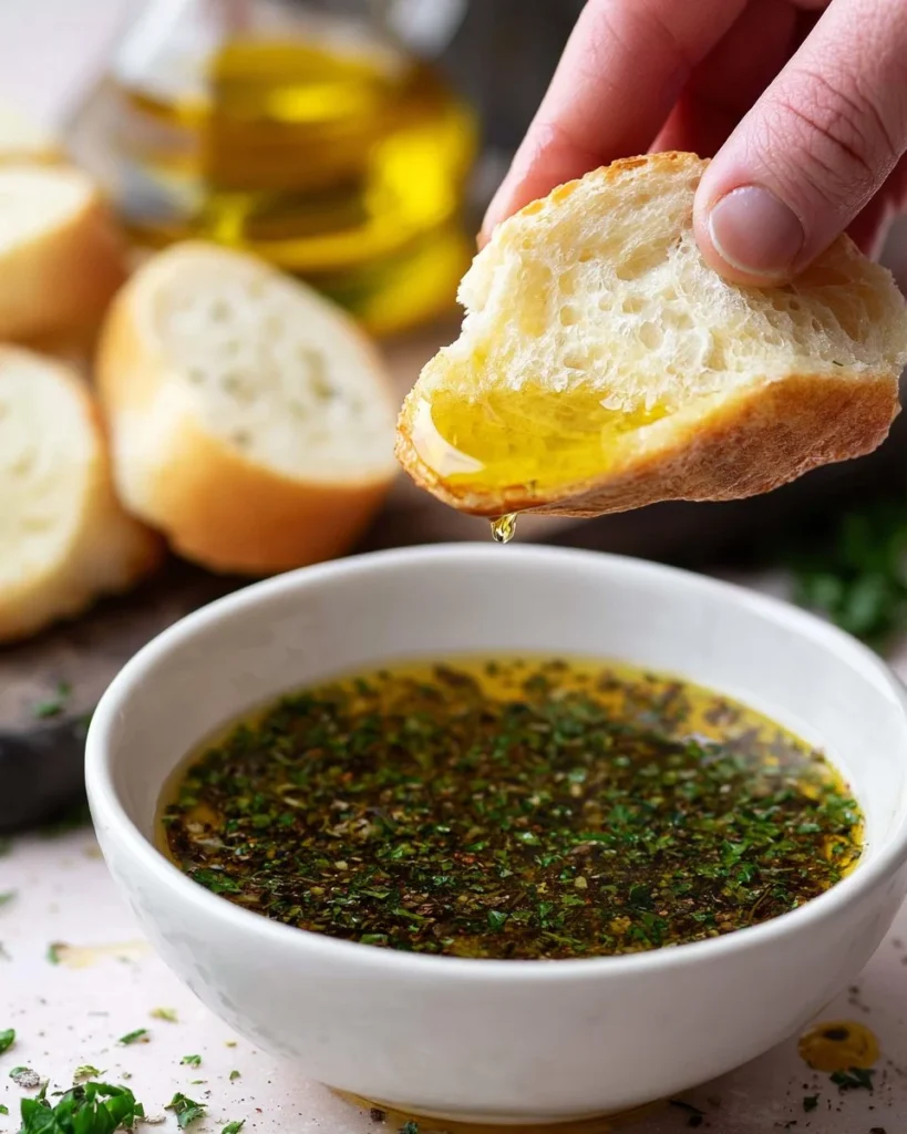 Bowl of olive oil dip served with fresh bread
