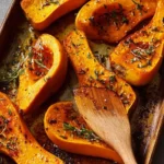 Oven roasted pumpkin served on a plate with herbs and spices.