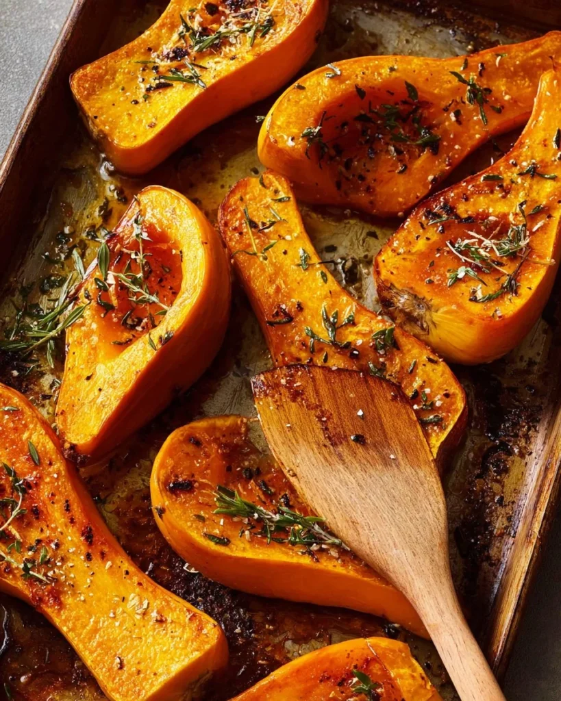 Oven roasted pumpkin served on a plate with herbs and spices.