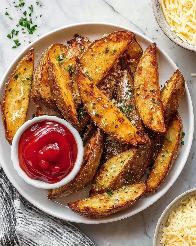 Delicious Parmesan Truffle Potato Wedges served in a bowl