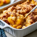Delicious homemade peach cobbler with golden crust and fresh peach filling.