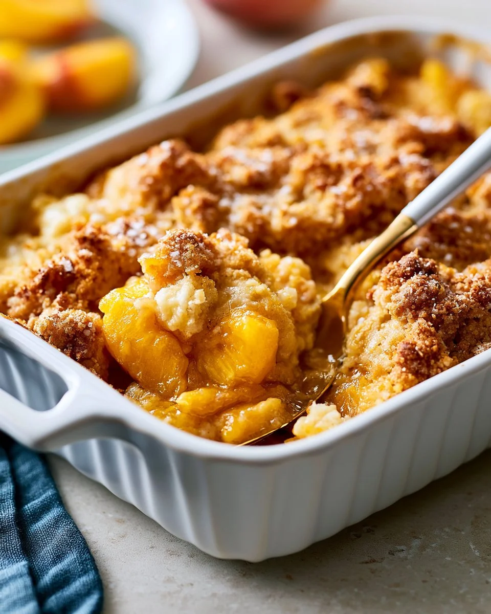 Delicious homemade peach cobbler with golden crust and fresh peach filling.