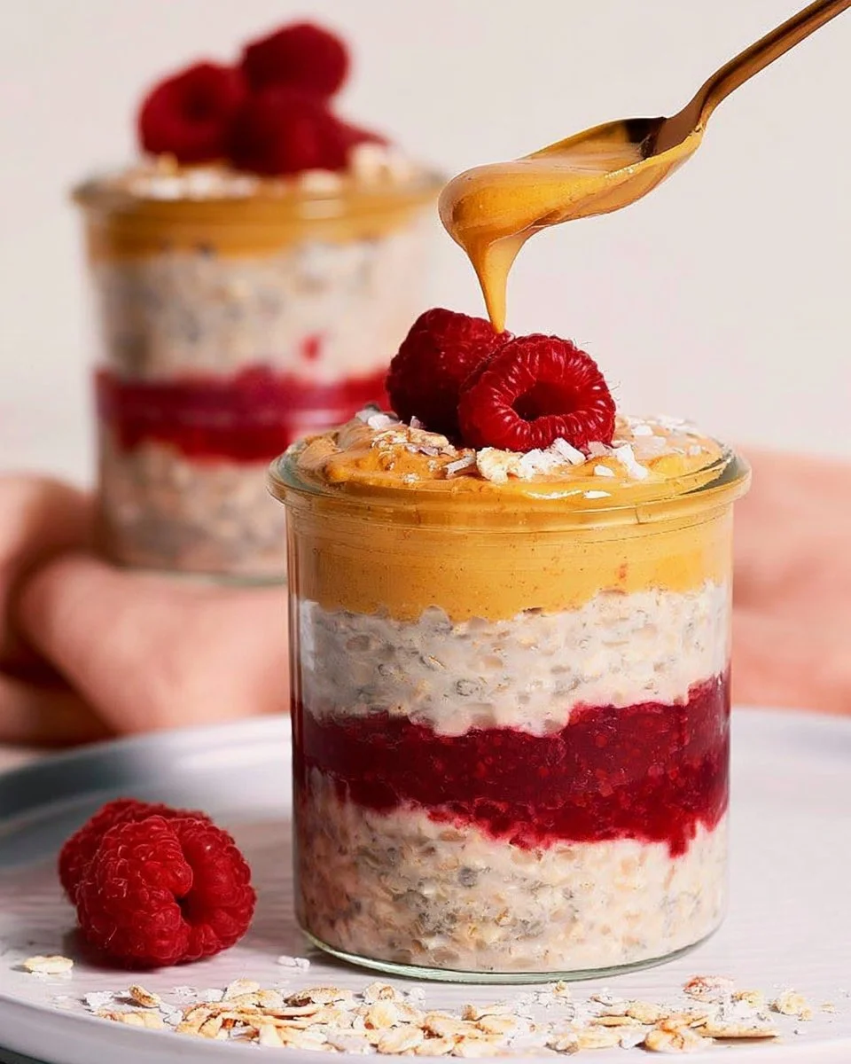 Bowl of Peanut Butter and Jelly Overnight Oats topped with berries