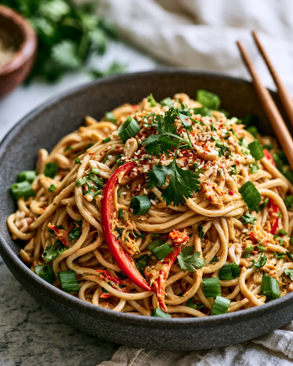 Plate of creamy peanut butter noodles garnished with green onions