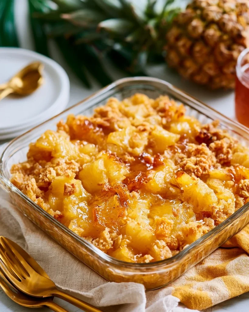 Delicious pineapple casserole served in a dish for a tasty side meal.