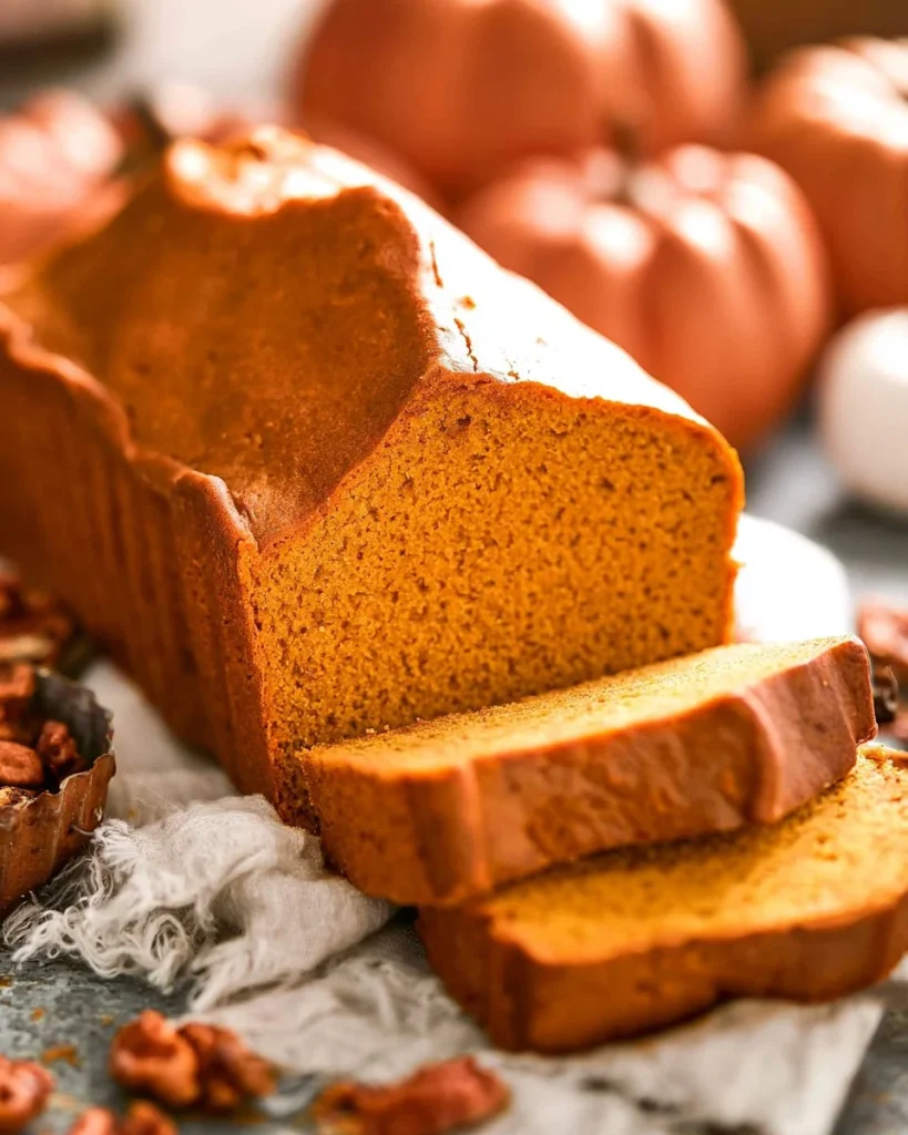 Freshly baked pumpkin bread with spices and nuts, perfect for autumn.