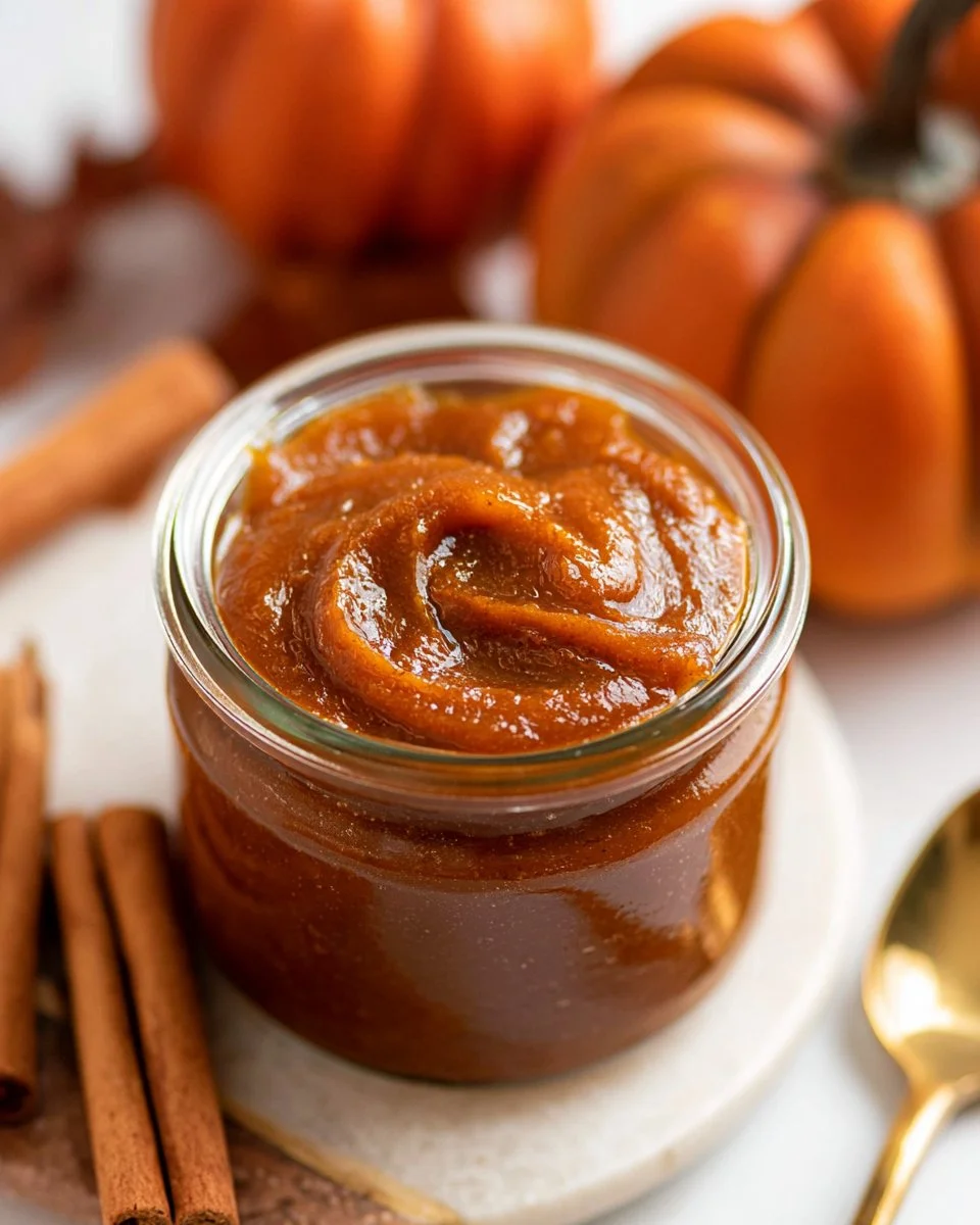 Jar of homemade pumpkin butter with spices and a slice of bread