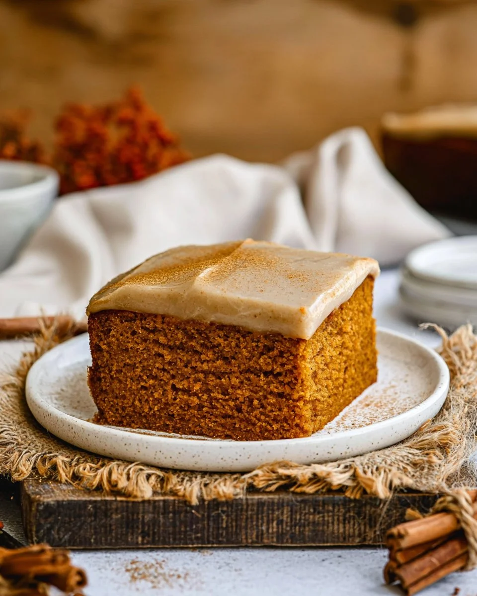 Delicious pumpkin cake with brown sugar frosting on a festive table
