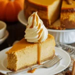 Delicious slice of homemade Pumpkin Cheesecake topped with whipped cream