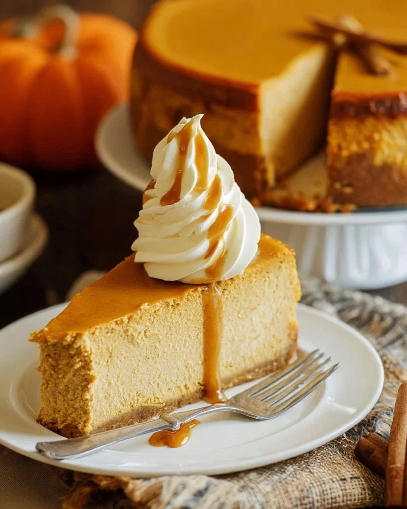 Delicious slice of homemade Pumpkin Cheesecake topped with whipped cream