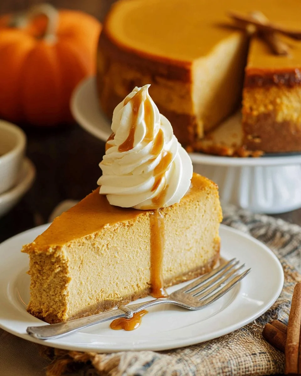 Delicious slice of homemade Pumpkin Cheesecake topped with whipped cream