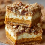 Delicious homemade Pumpkin Cheesecake Bars on a white plate with a autumn background.