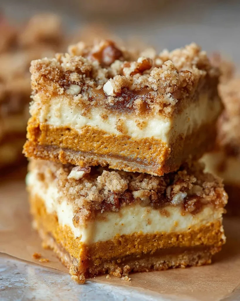 Delicious homemade Pumpkin Cheesecake Bars on a white plate with a autumn background.