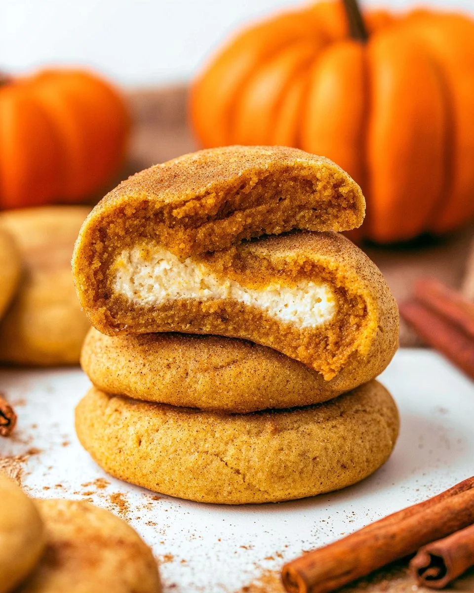 Pumpkin Cheesecake Cookies with creamy cheesecake filling and pumpkin flavor