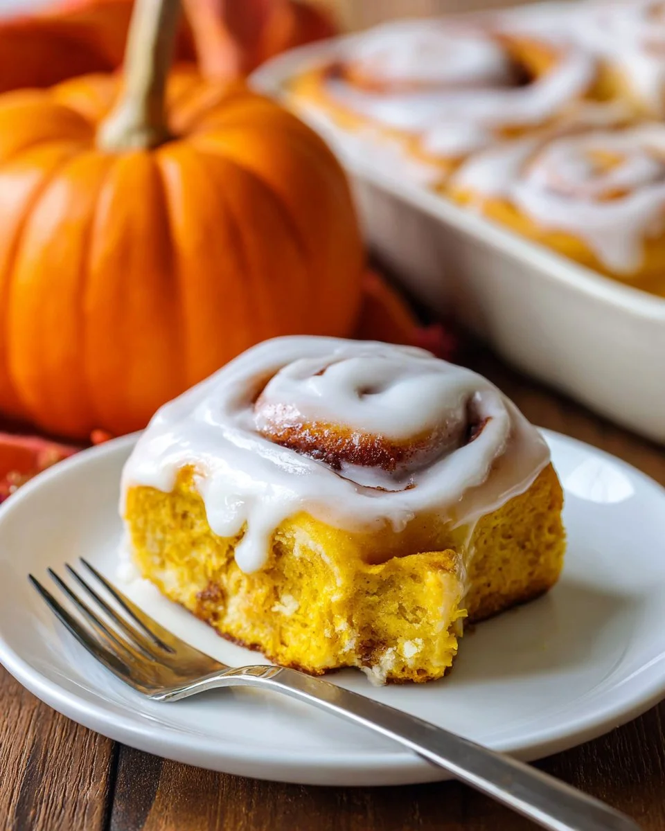 Freshly baked Pumpkin Cinnamon Rolls topped with cream and spices